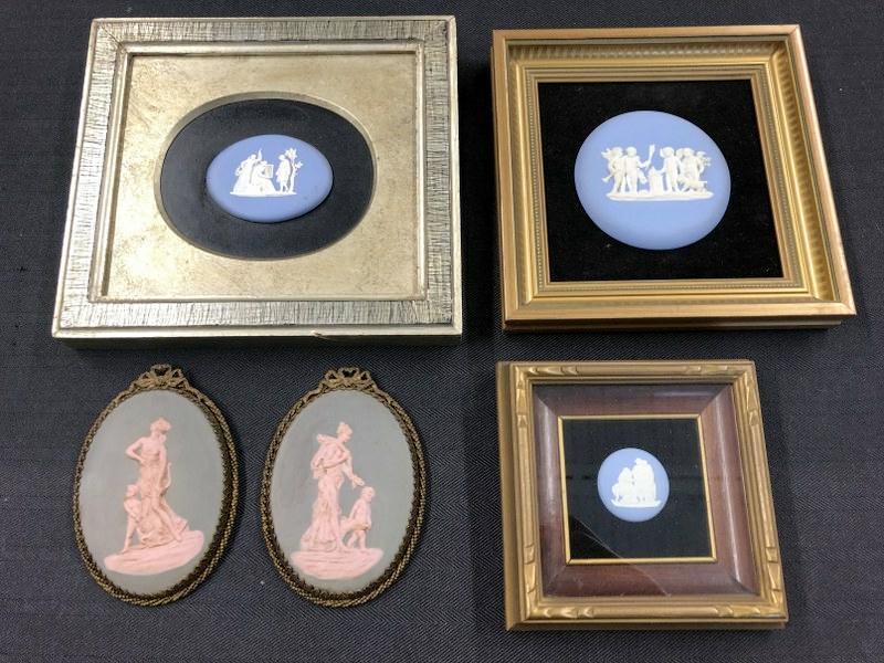 Wedgwood estate lot including (3) in shadow boxes and pair in brass frames, nice estate condition. (1 of 2)