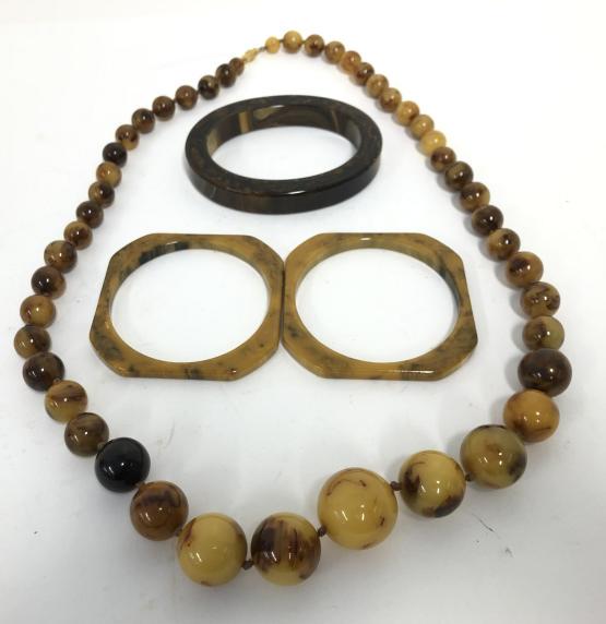 (4) pc. Bakelite jewelry lot including necklace (one bbead replaced with darker one ), pair of (1 of 1)