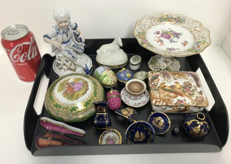 Estate porcelains lot to include small Limoges boxes & small plates, chair, etc. , KPM figure (1 of 8)