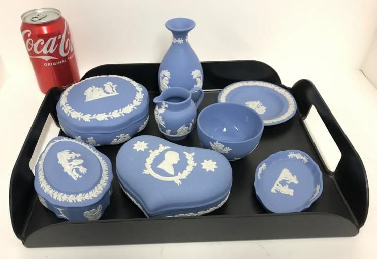 ( 8 pcs. ) Estate Wedgwood lot to include (3) covered boxes, cup, creamer, vase, and (2) plates. In (1 of 5)