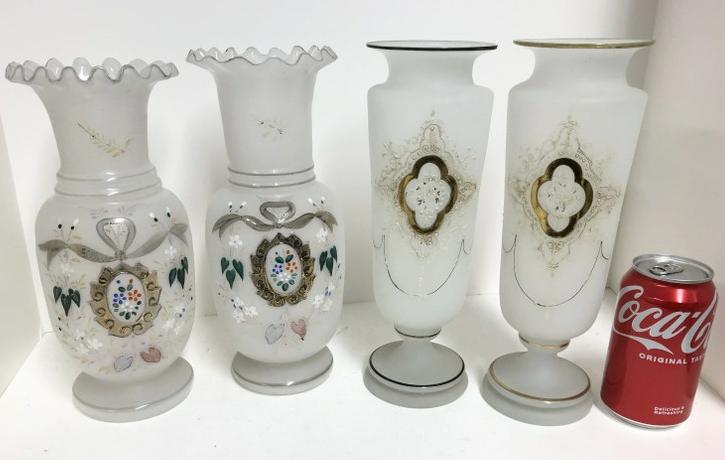 (2) pair hand painted bristol glass vases, in fine estate condition. They measure 10.25" and 10.5" (1 of 1)