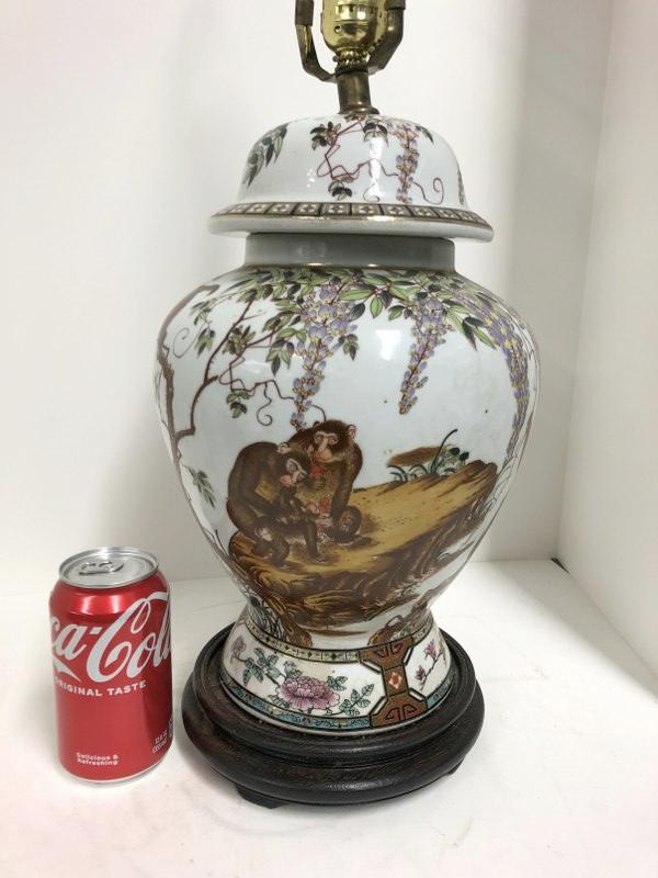 Decorative Asian ceramic table lamp with monkeys all around the base, not antique, maybe 25 years (1 of 4)