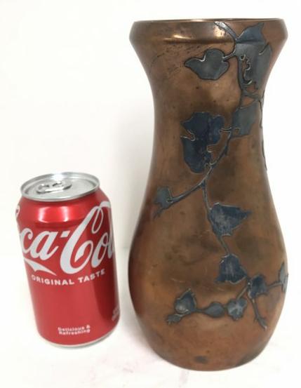 Heintz bronze & silver overlay vase, polished long ago, measures 9" high, from Hudson Valley estate. (1 of 3)