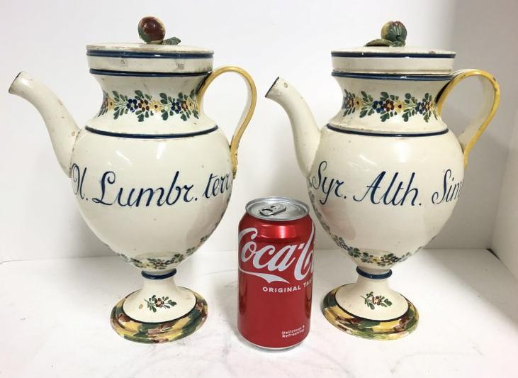 (2) antique Italian hand painted apothecary jars with spouts, overall nice condition, with no (1 of 9)