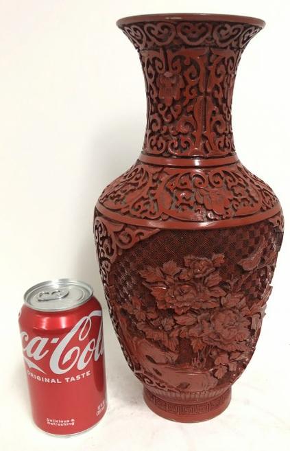 Vintage Chinese Cinnabar vase over brass, nice estate condition, not an early example, measures (1 of 4)