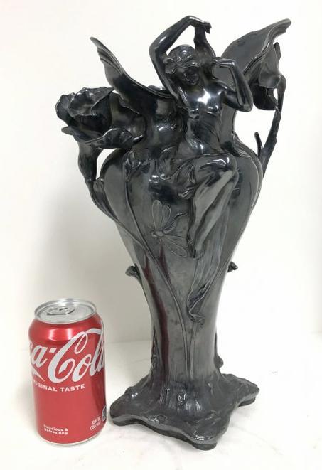 Magnificent 14.5" high sterling silver Art Nouveau vase with figural woman, dragonfly, and figural (1 of 11)