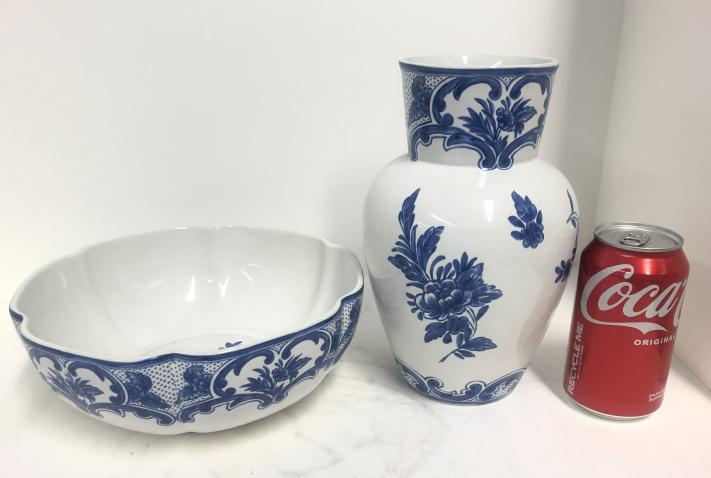 (2) "TIFFANY DELFT " pcs. Incuding bowl & pitcher, marked on bottoms, 1996, fine condition, vase is (1 of 4)