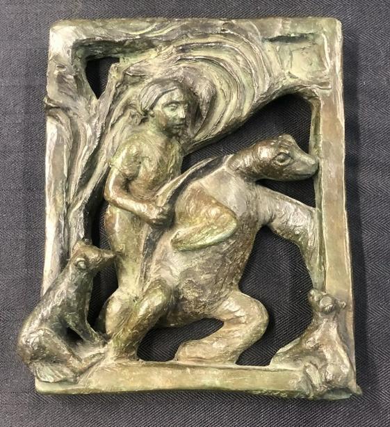 Bronze sculpture Woman, large sea turtle, bear & a dog. Signature looks like (Zika List) , dated (1 of 7)