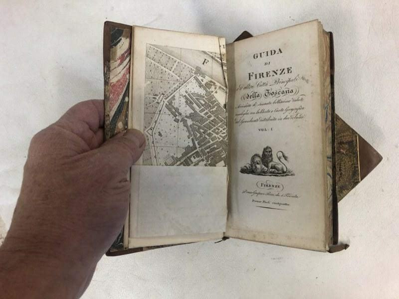 1820 (2) vol. set ( GUIDA DI FIRENZE ) with leather spine, marble boards and insides, foldout map (1 of 6)