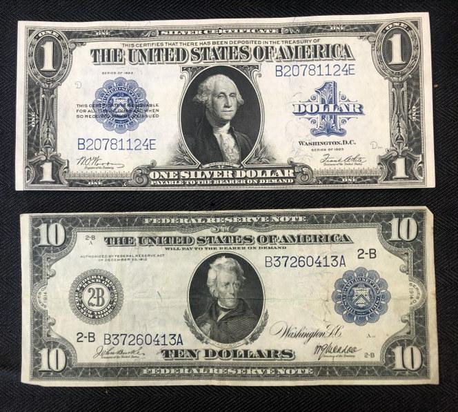 Estate find (2) large SILVER CERTIFICATE BILLS- includes $10 Series of 1914 & the $1 Series of 1923. (1 of 2)
