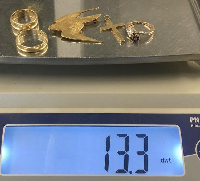 Misc. estate 14K gold lot to include Falcon pin, (2) wedding bands, diamond & saphire ladies ring & (1 of 6)