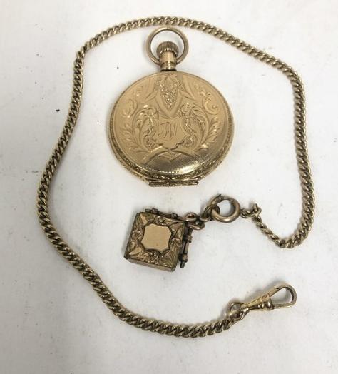 14K Waltham closed face pocket watch, (6 ) size, not running, chain and watch fob are gold filled. (1 of 5)