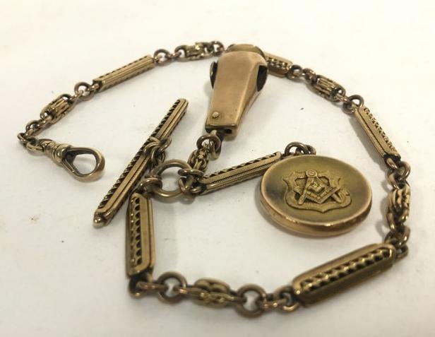 Victorian 14k watch chain with cigar cutter & Masonic locket, from local estate, weighs 33.6 dwt. (1 of 7)