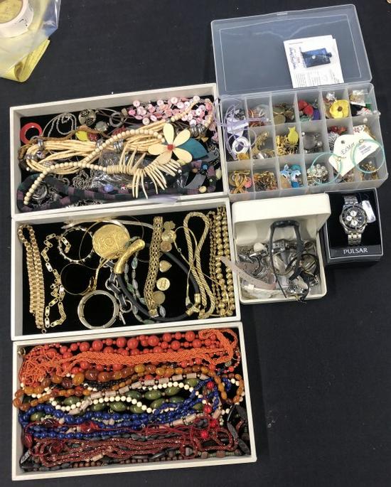 Big lot misc. estate jewelry incl. necklaces, bracelets, earrings, watches incl. new Pulsar in box, (1 of 9)