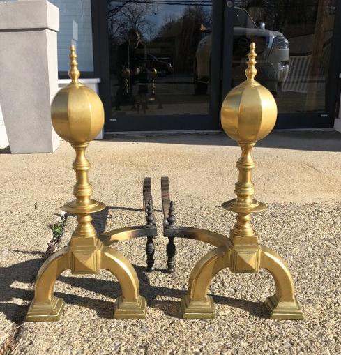 Pair large brass andirons, passed down through a Hudson Valley family, wonderful appearance, measure (1 of 4)