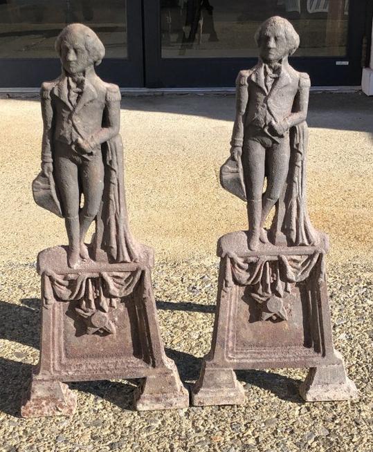Pair early George Washington Campaign andirons, In Military attire erected on decorative star (1 of 4)