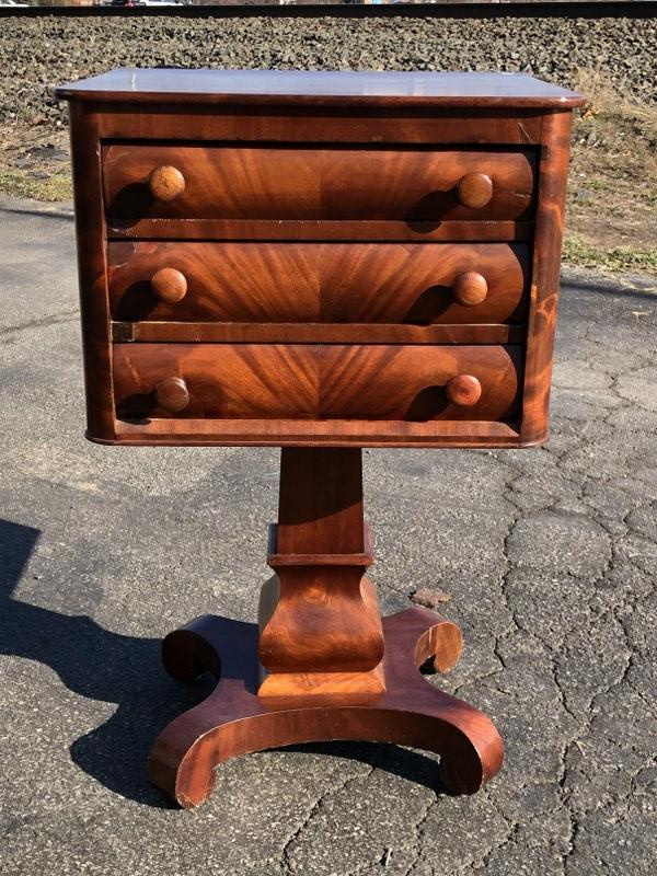Period Empire 3 drawer stand, from fine Catskill, N.Y. Federal home. Has some veneer pcs. Put back, (1 of 3)