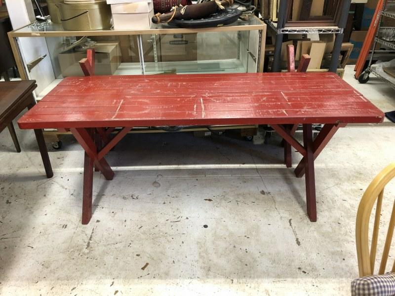 Nice old solid red picnic table & (2) benches from Hudson Valley NYC weekender's home, always stored (1 of 3)