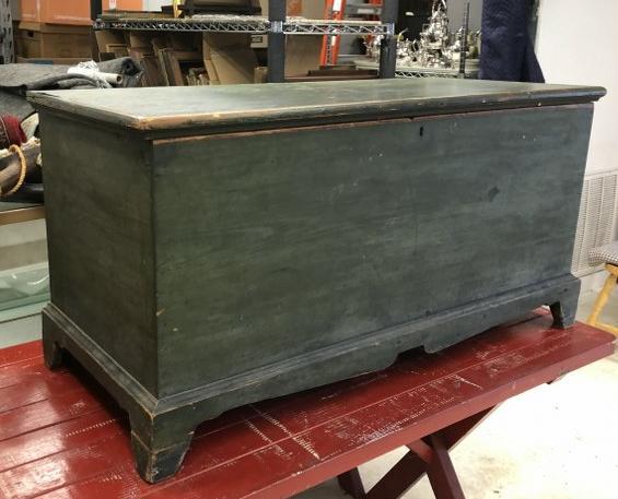 19th c pine blanket box in old green paint, nice cut out base, till intact inside, from Hudson (1 of 5)