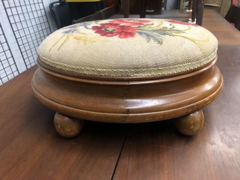 Oval walnut Victorian footstool, with needlepoint top, nice overall condition, measures 19" x 16" x (1 of 3)