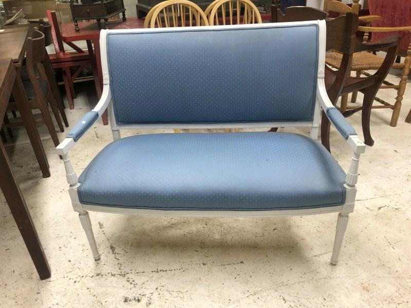 White painted older loveseat, with later blue upholstery, structurally sound, was used in NYC: White painted older loveseat, with later blue upholstery, structurally sound, was used in NYC weekenders Hudson Valley second home, measures 40.25" wide.