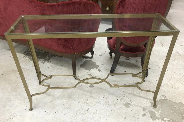 Lightweight metal ( painted gold ) console table with glass top, nice condition, table measures 46" (1 of 2)