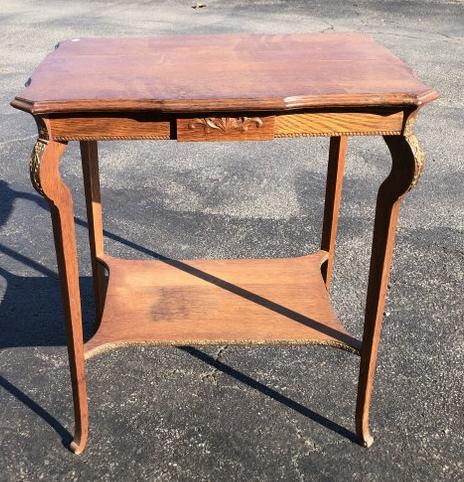 Circa 1910 oak decorative stand with brass trim on legs, ( top is split & needs to just be glued (1 of 3)