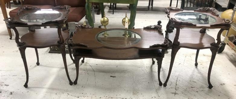 3 pc. Mahogany carved coffee table & pair of end tables, very clean & structurally sound, all with (1 of 8)