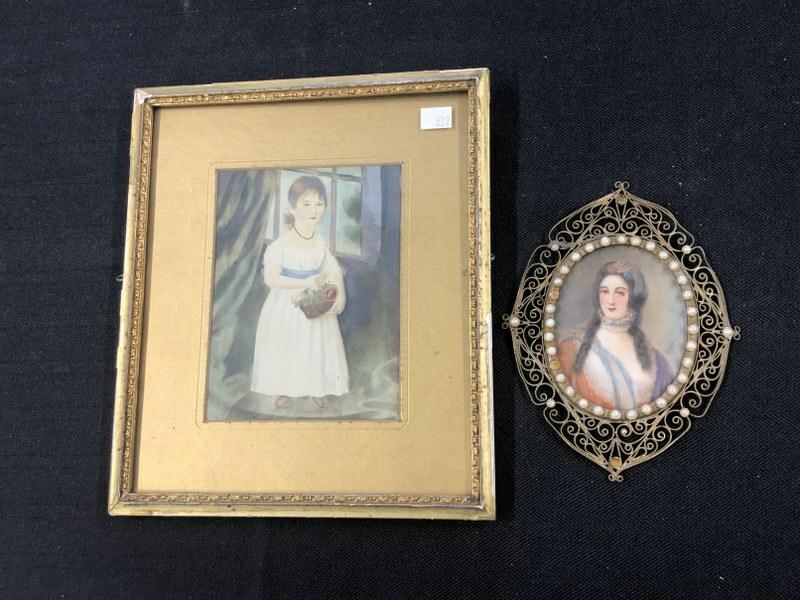 (2) pc. Estate lot including miniature painting of a woman in oval frame signed ( HESSE ) & hand (1 of 5)