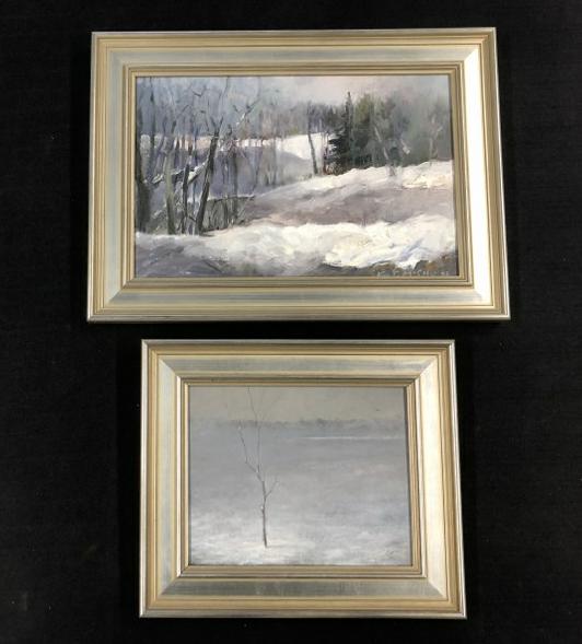 (2) finely painted Winter landscapes, both in silver leaf frames. Smaller painting by Eric Angeloch, (1 of 6)