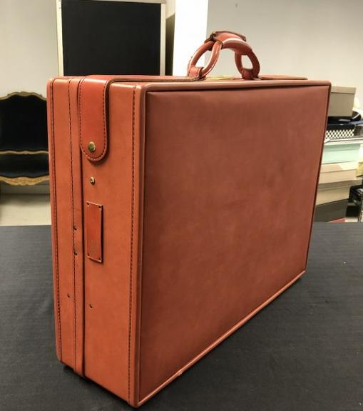 Vintage Hartmann red suitcase, excellent estate condition, possibly never used, keys inside, inside: Vintage Hartmann red suitcase, excellent estate condition, possibly never used, keys inside, inside clean as can be, as is the body, leather straps, a real beautyâ€¦Measures 24" wide x 18" high x 
