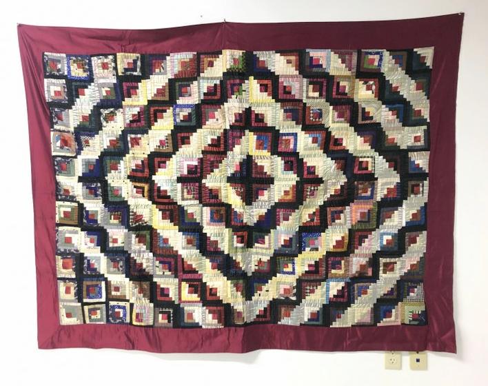 Victorian silk crazy quilt, hand stitched, from local estate's family, passed down. Tape on back (1 of 3)