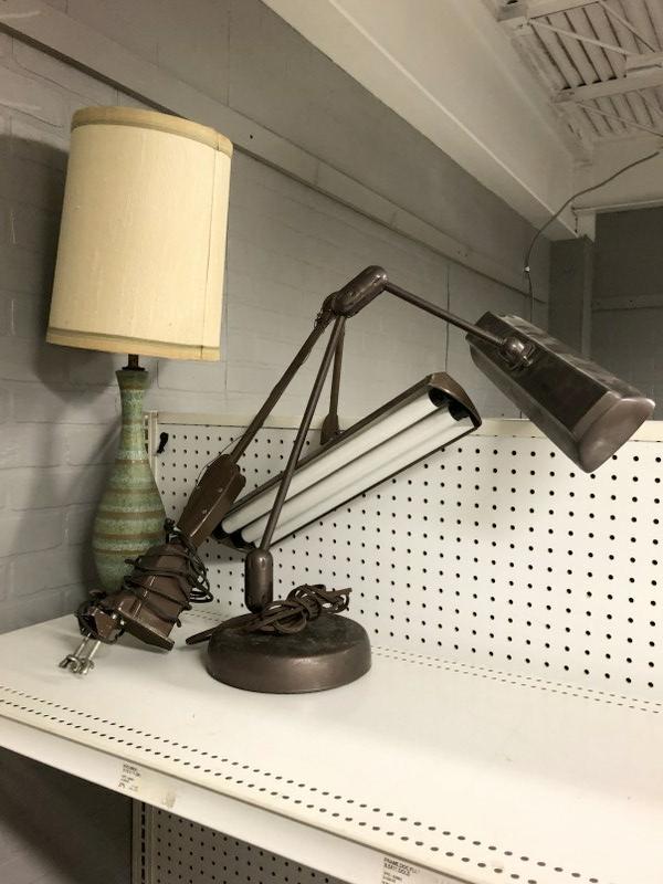 (3) pc.estate lot - (2) industrial type adjusting lights (one with base, other clamps to table top ) (1 of 3)