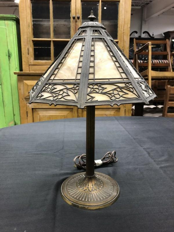 Circa 1910 MILLER Lamp Co. slag glass lamp, missing one straight panel, all filigree intact.: Circa 1910 MILLER Lamp Co. slag glass lamp, missing one straight panel, all filigree intact. Measures approx. 20" high, signed on base.