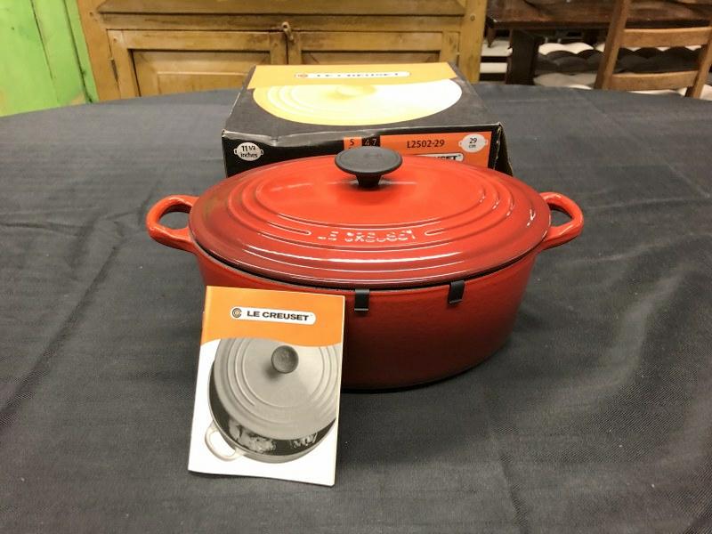 LE CREUSET 5 qt. oval covered pot, new in box, cherry red, from fine Westchester County, N.Y. (1 of 4)