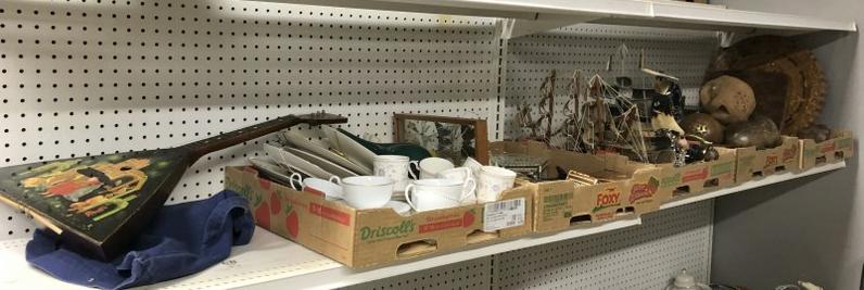 Big ESTATE shelf lot to include glassware, porcelains, wooden objects, instrument, decorative (1 of 13)