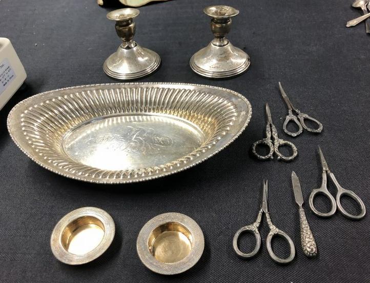 Estate sterling etc. lot to include sterling bowl, 2 candle cup inserts, weighted sterling (1 of 6)