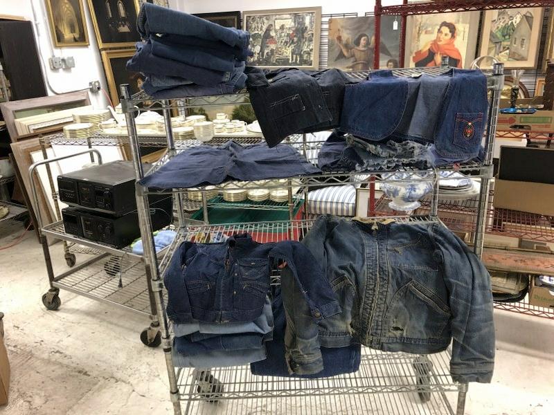 (26) pcs.denim clothing from local estate, includes, ladies, men's, kids, some really worn, some: (26) pcs.denim clothing from local estate, includes, ladies, men's, kids, some really worn, some patched, a few bell bottoms, some cut off shorts, kids denim jacket, really worn Lee men's jacket, good