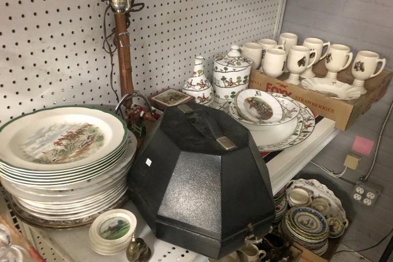 Big shelf estate lot of Hunting & Horse related fine older porcelains, quality riding hat in case, (1 of 14)