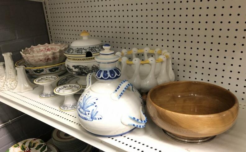 Misc. estate shelf lot- sterling silver & wood bowl, porcelains, ceramics, Villeroy & Boch, etc. (1 of 7)