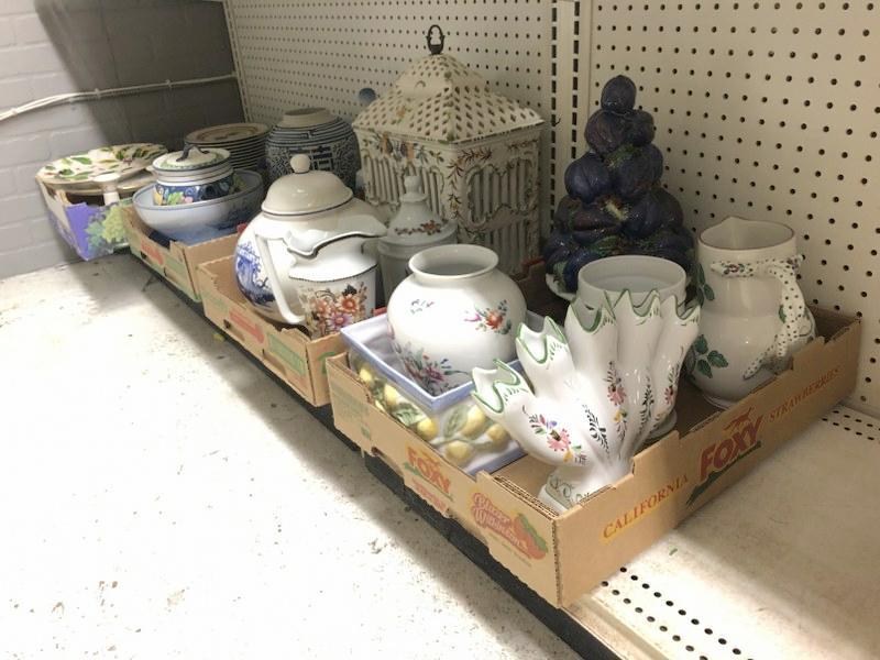 Big estate shelf lot of porcelains and ceramics, includes good makers, Spode, etc. Great lot for: Big estate shelf lot of porcelains and ceramics, includes good makers, Spode, etc. Great lot for dealer to sort outâ€¦.from fine state in Dutchess County, N.Y.
