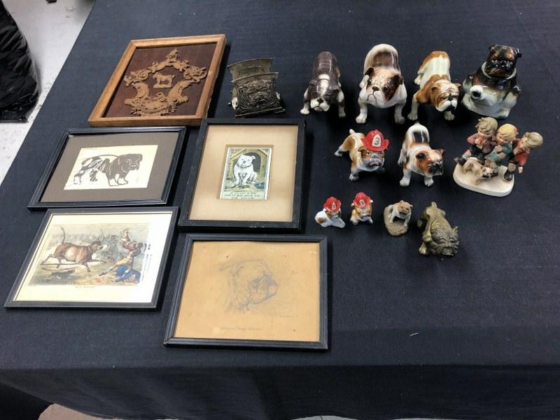 Estate bulldog collection, porcelain figurines ( 1 has glued tail ), prints, letter holder with (1 of 14)