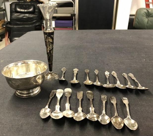Estate sterling & coin silver lot to include sterling bowl, sterling bud vase, (9) sterling spoons (1 of 5)