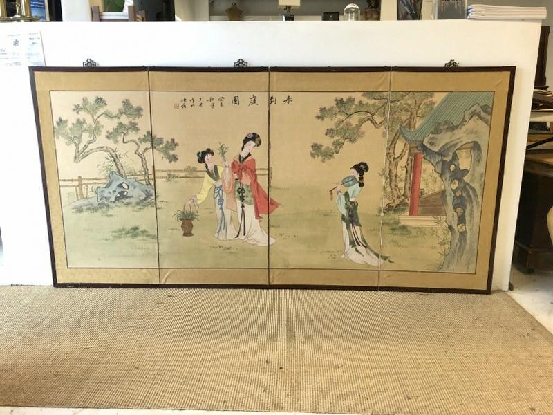 (4) panel handpainted Asian folding screen, from Dutchess County, N.Y. estate, signed up top as (1 of 5)