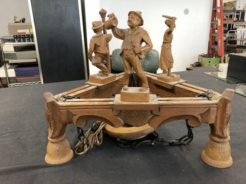 Folk Art carved hanging light with (3) figures - a man drinking, a man who had too much to drink & (1 of 9)
