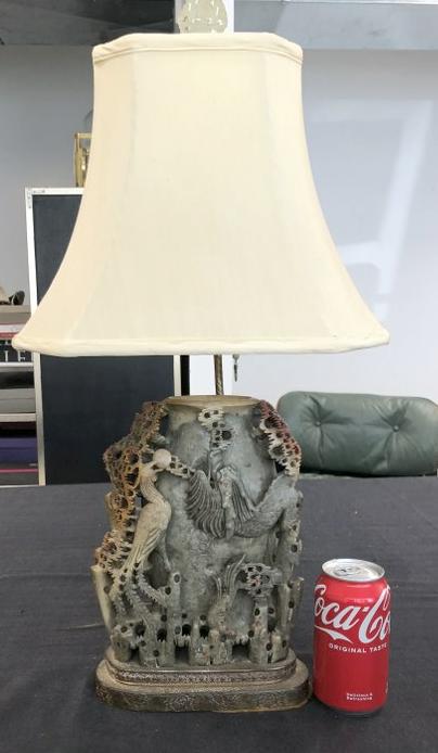 Carved Asian soapstone lamp in nice estate condition, I see no damage, Converted to lamp long ago, (1 of 3)