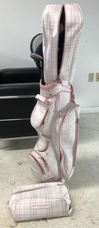 Burberry Ladies Pink Plaid Golf Bag With Folf Shoes Bag Also With Her Clubs. From Estate In