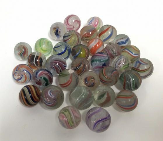 (33) antique swirl marbles & round wood marble game board, from local estate, some with knicks from (1 of 6)