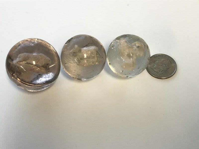 (3) antique sulphide marbles, has chips from being played with. Inside are a rabbit in largest one, (1 of 5)