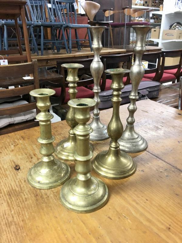 (3) pair older brass candlesticks, one is a push up, they measures 13.5", 10", & 8.5". Taller pair (1 of 2)